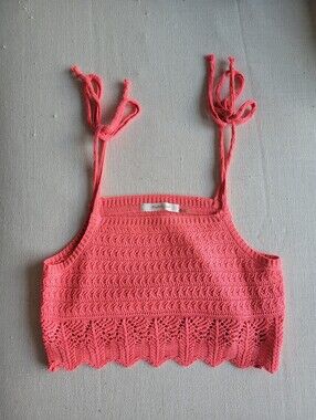Coral Pink Crochet Knit Tie-Strap Crop Top Side Medium